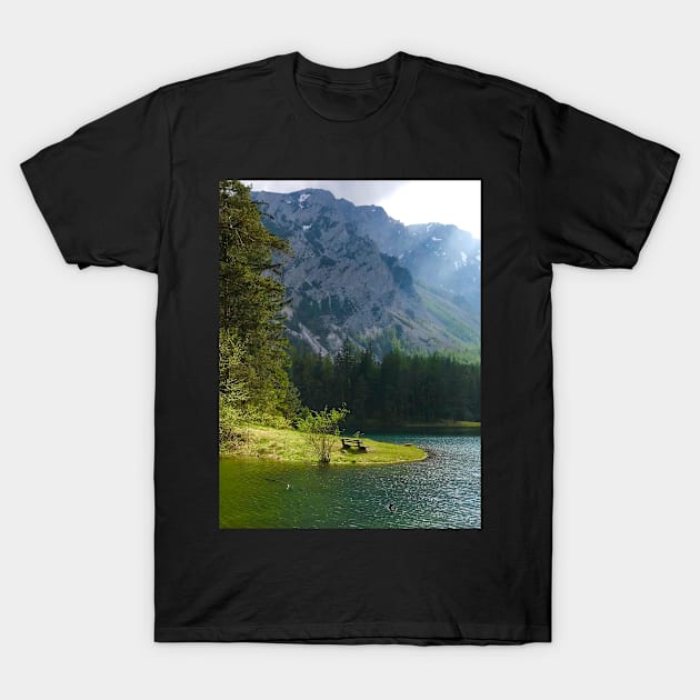 Green Lake in Austria with Bench T-Shirt by ephotocard